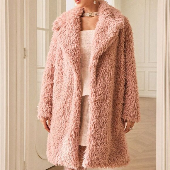 Pink Casual Women's Faux Shearling Crisp Collar Mid-Length Jacket - Picture 6 of 8